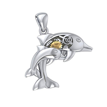 Gentle dolphins in steampunk ~ Sterling Silver Jewelry Pendant with 14k Gold Accent MPD3929 - Jewelry